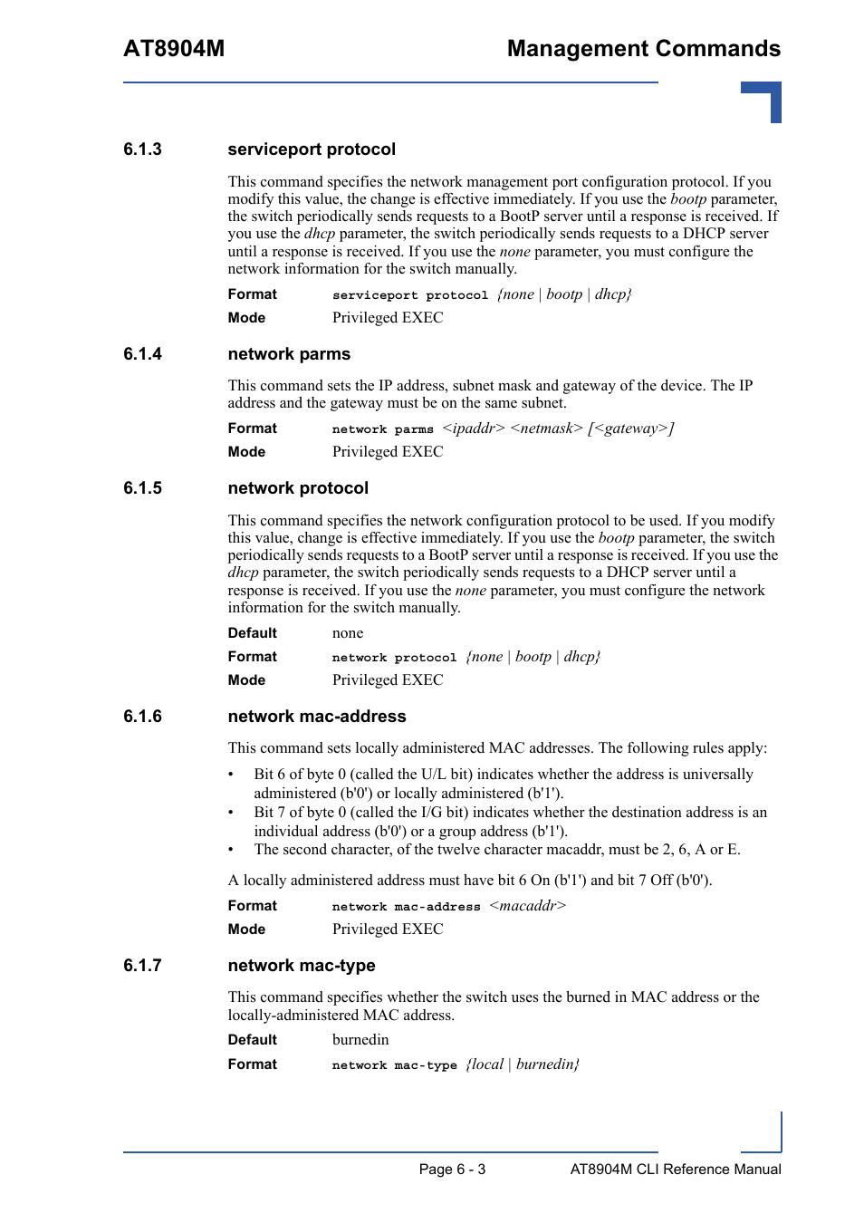 3 serviceport protocol, 4 network parms, 5 network protocol | 6 network mac-address, 7 network mac-type, Serviceport protocol - 3, Network parms - 3, Network protocol - 3, Network mac-address - 3, Network mac-type - 3 | Kontron AT8904 CLI User Manual | Page 257 / 317