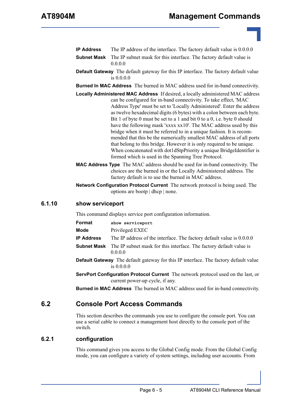 10 show serviceport, 2 console port access commands, 1 configuration | 10 show serviceport - 5, 2 console port access commands - 5, Configuration - 5, At8904m management commands | Kontron AT8904 CLI User Manual | Page 259 / 317