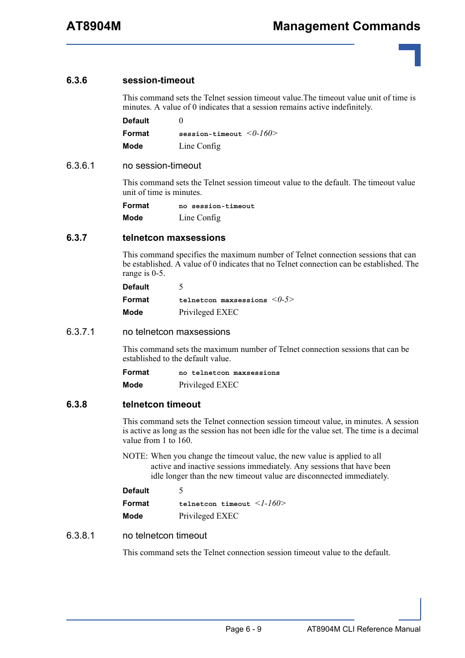 6 session-timeout, 7 telnetcon maxsessions, 8 telnetcon timeout | Session-timeout - 9, Telnetcon maxsessions - 9, Telnetcon timeout - 9, At8904m management commands | Kontron AT8904 CLI User Manual | Page 263 / 317