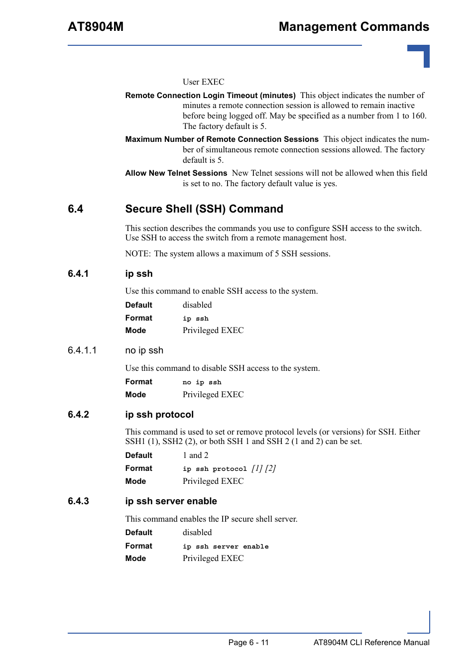 4 secure shell (ssh) command, 1 ip ssh, 2 ip ssh protocol | 3 ip ssh server enable, 4 secure shell (ssh) command - 11, Ip ssh - 11, Ip ssh protocol - 11, Ip ssh server enable - 11, At8904m management commands | Kontron AT8904 CLI User Manual | Page 265 / 317