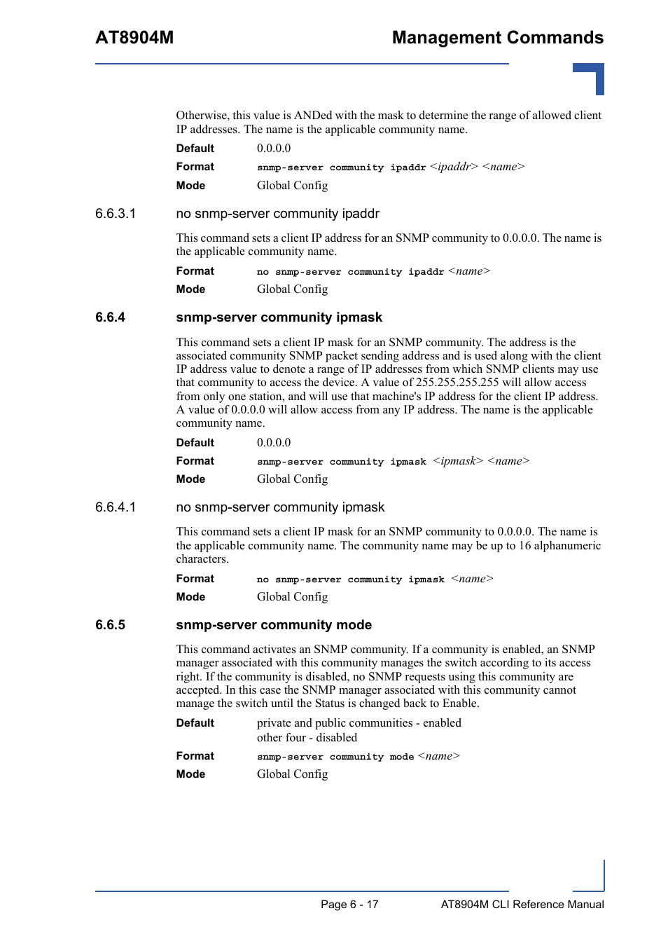 4 snmp-server community ipmask, 5 snmp-server community mode, Snmp-server community ipmask - 17 | Snmp-server community mode - 17, At8904m management commands | Kontron AT8904 CLI User Manual | Page 271 / 317