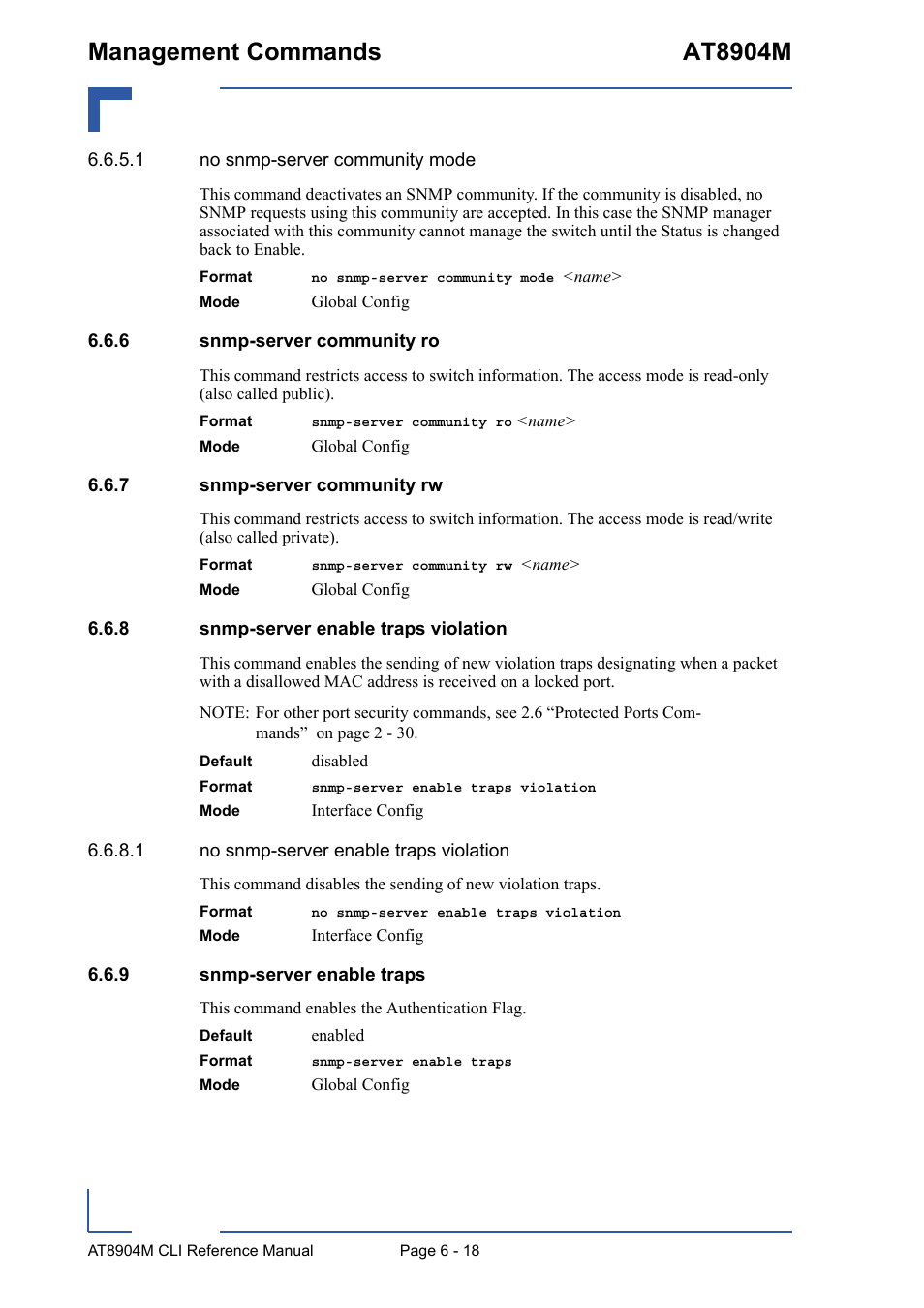 6 snmp-server community ro, 7 snmp-server community rw, 8 snmp-server enable traps violation | 9 snmp-server enable traps, Snmp-server community ro - 18, Snmp-server community rw - 18, Snmp-server enable traps violation - 18, Snmp-server enable traps - 18, Management commands at8904m | Kontron AT8904 CLI User Manual | Page 272 / 317