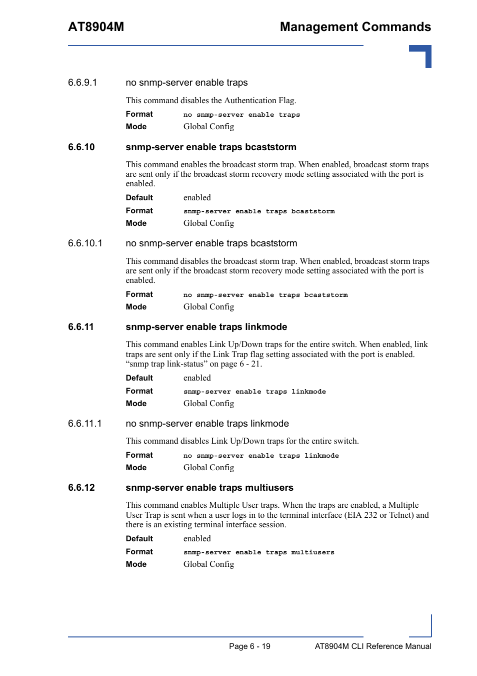 10 snmp-server enable traps bcaststorm, 11 snmp-server enable traps linkmode, 12 snmp-server enable traps multiusers | At8904m management commands | Kontron AT8904 CLI User Manual | Page 273 / 317