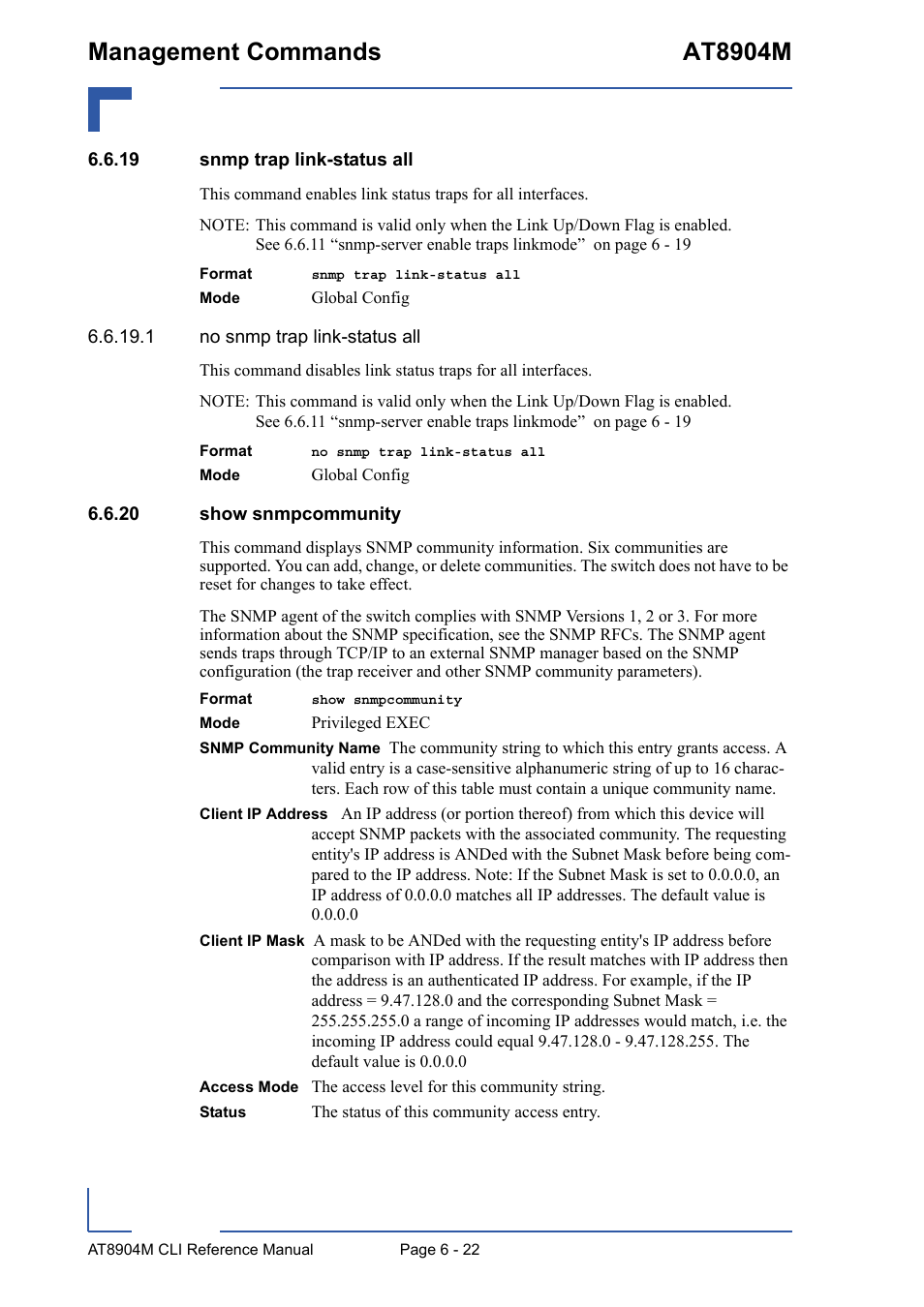 19 snmp trap link-status all, 20 show snmpcommunity, Management commands at8904m | Kontron AT8904 CLI User Manual | Page 276 / 317