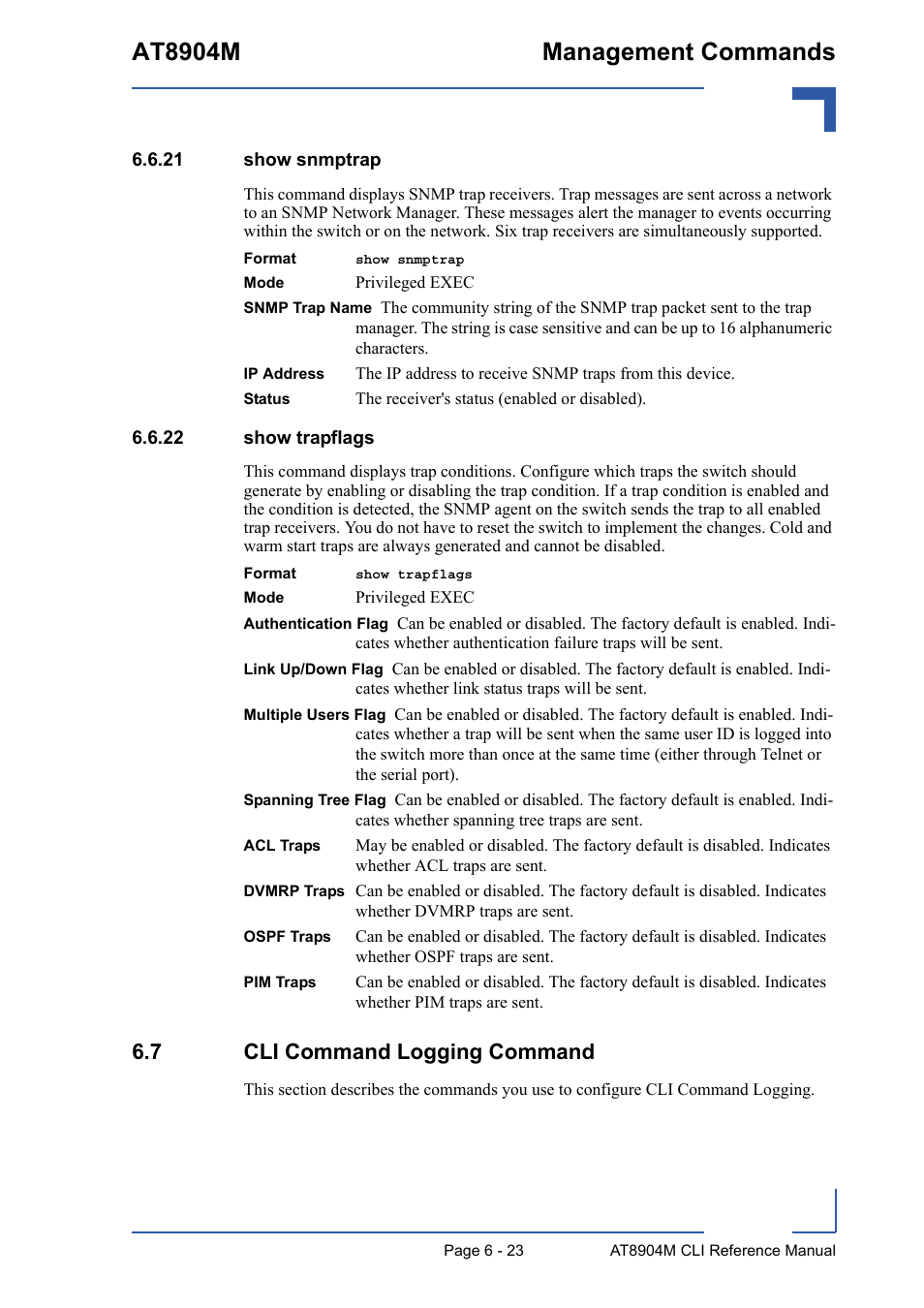 21 show snmptrap, 22 show trapflags, 7 cli command logging command | 21 show snmptrap - 23 6.6.22 show trapflags - 23, 7 cli command logging command - 23, At8904m management commands | Kontron AT8904 CLI User Manual | Page 277 / 317