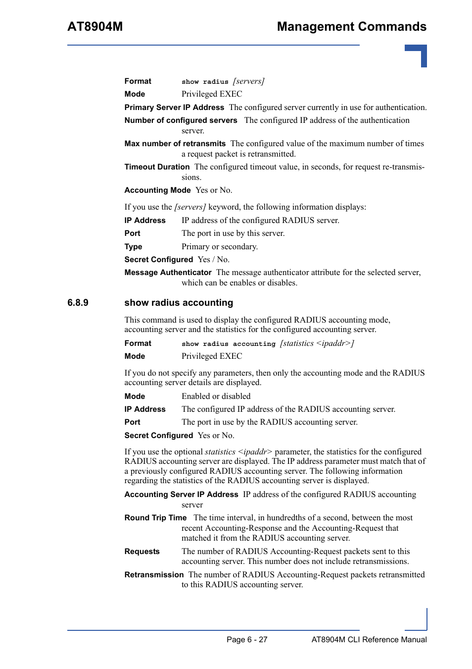 9 show radius accounting, Show radius accounting - 27, At8904m management commands | Kontron AT8904 CLI User Manual | Page 281 / 317