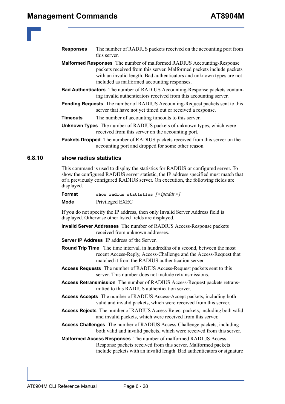 10 show radius statistics, 10 show radius statistics - 28, Management commands at8904m | Kontron AT8904 CLI User Manual | Page 282 / 317