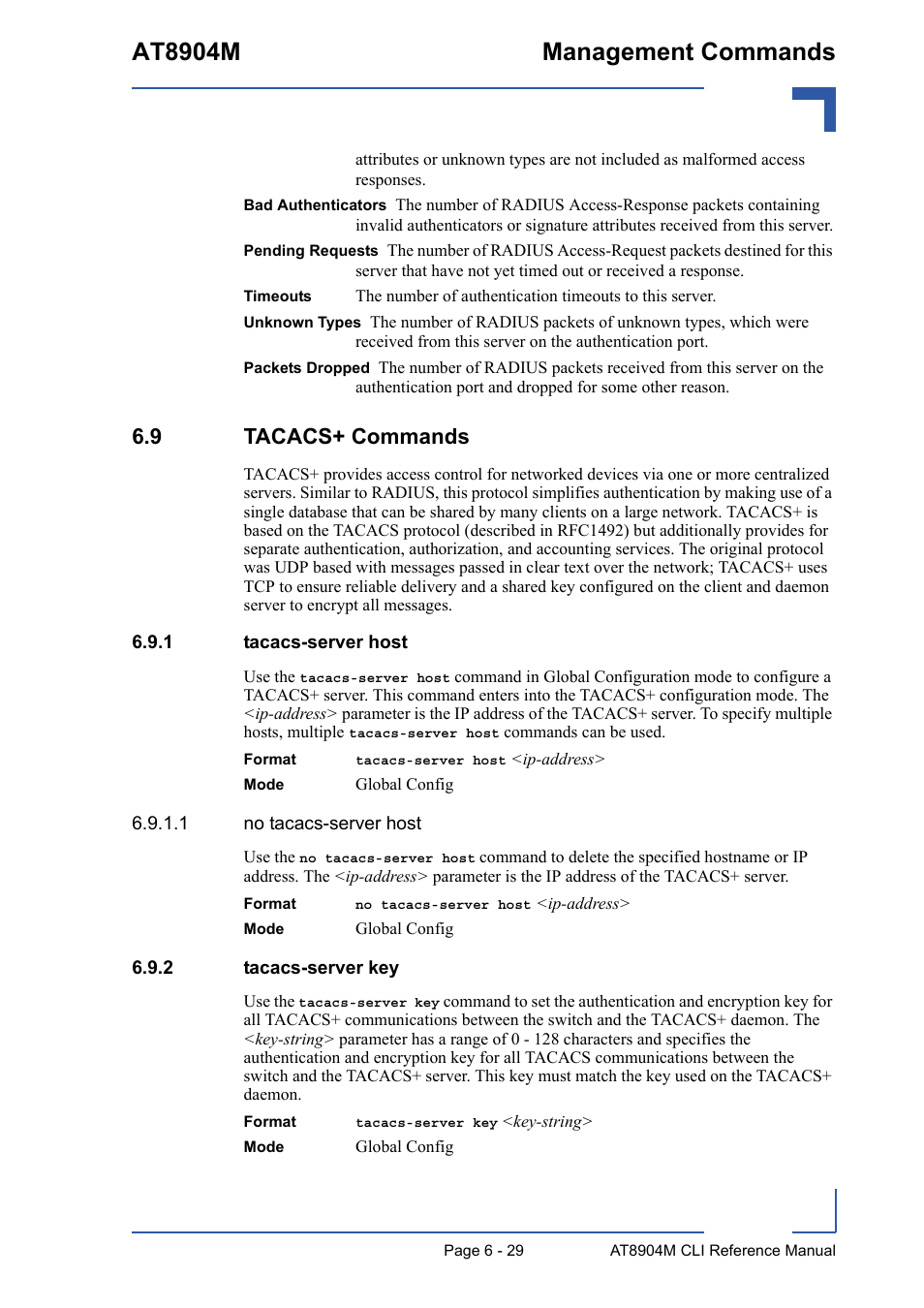 9 tacacs+ commands, 1 tacacs-server host, 2 tacacs-server key | 9 tacacs+ commands - 29, Tacacs-server host - 29, Tacacs-server key - 29, At8904m management commands | Kontron AT8904 CLI User Manual | Page 283 / 317