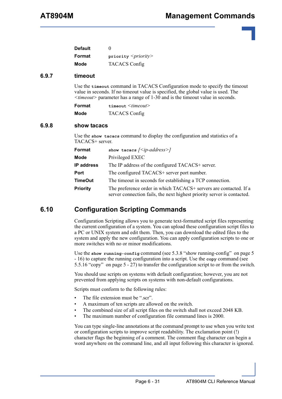 7 timeout, 8 show tacacs, 10 configuration scripting commands | Timeout - 31, Show tacacs - 31, 10 configuration scripting commands - 31, At8904m management commands | Kontron AT8904 CLI User Manual | Page 285 / 317