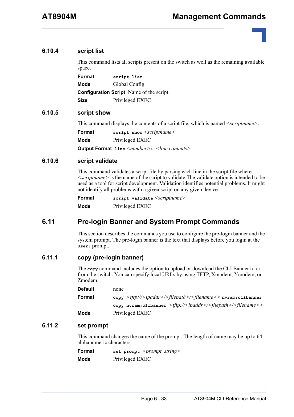 4 script list, 5 script show, 6 script validate | 11 pre-login banner and system prompt commands, 1 copy (pre-login banner), 2 set prompt, At8904m management commands | Kontron AT8904 CLI User Manual | Page 287 / 317