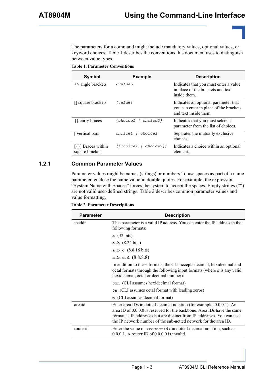 1 common parameter values, Common parameter values - 3, At8904m using the command-line interface | Kontron AT8904 CLI User Manual | Page 29 / 317