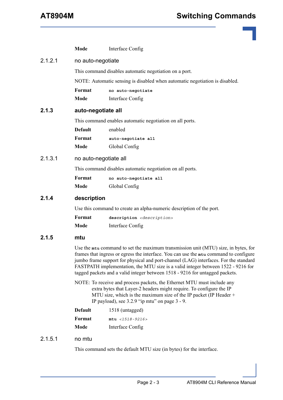 3 auto-negotiate all, 4 description, 5 mtu | Auto-negotiate all - 3, Description - 3, Mtu - 3, At8904m switching commands | Kontron AT8904 CLI User Manual | Page 39 / 317