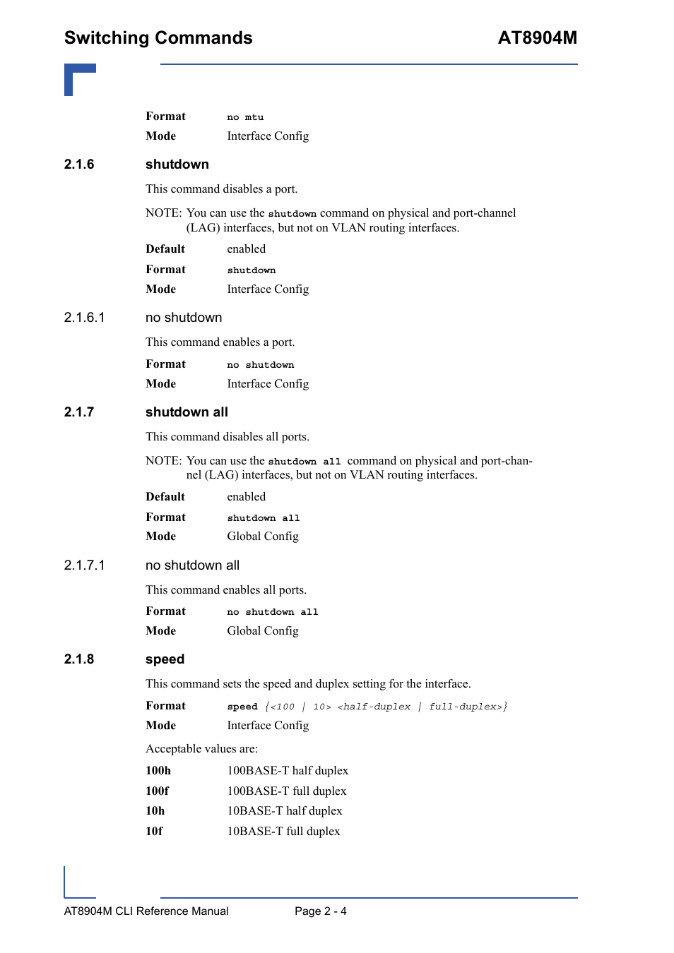 6 shutdown, 7 shutdown all, 8 speed | Shutdown - 4, Shutdown all - 4, Speed - 4, Switching commands at8904m | Kontron AT8904 CLI User Manual | Page 40 / 317