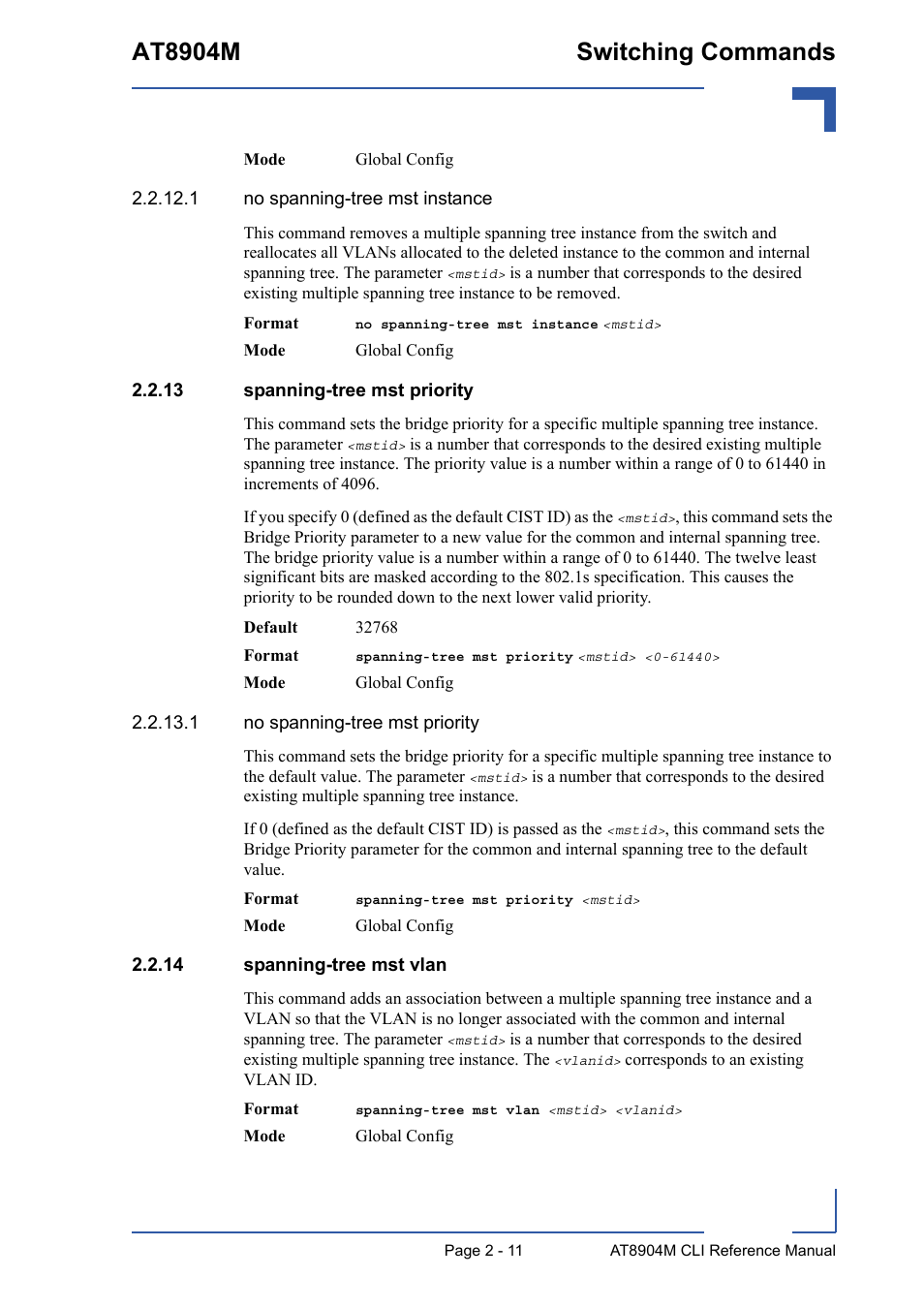 13 spanning-tree mst priority, 14 spanning-tree mst vlan, At8904m switching commands | Kontron AT8904 CLI User Manual | Page 47 / 317