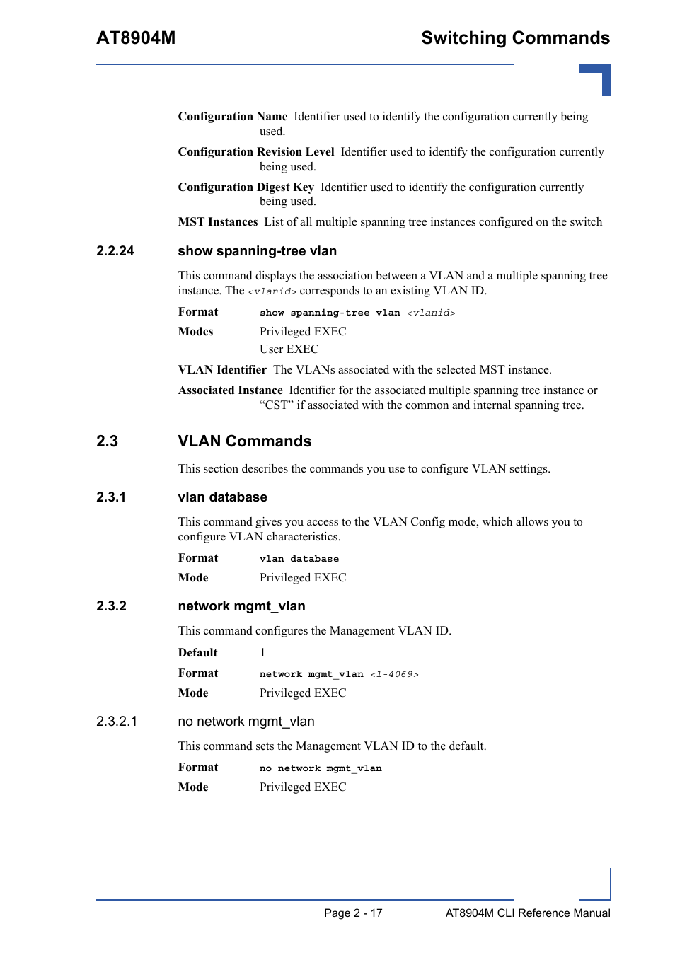 24 show spanning-tree vlan, 3 vlan commands, 1 vlan database | 2 network mgmt_vlan, 24 show spanning-tree vlan - 17, 3 vlan commands - 17, Vlan database - 17, Network mgmt_vlan - 17, At8904m switching commands | Kontron AT8904 CLI User Manual | Page 53 / 317