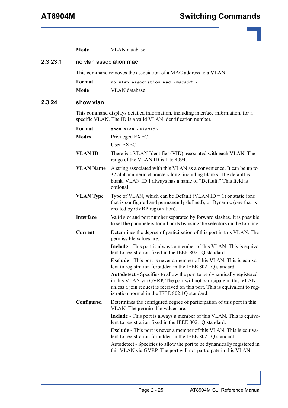 24 show vlan, 24 show vlan - 25, At8904m switching commands | Kontron AT8904 CLI User Manual | Page 61 / 317