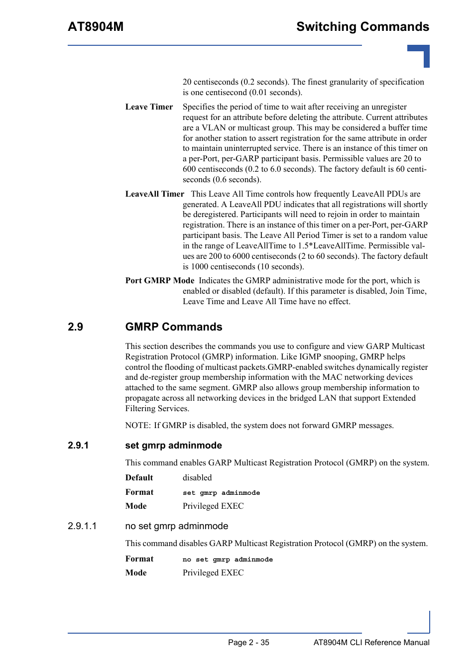 9 gmrp commands, 1 set gmrp adminmode, 9 gmrp commands - 35 | Set gmrp adminmode - 35, At8904m switching commands | Kontron AT8904 CLI User Manual | Page 71 / 317