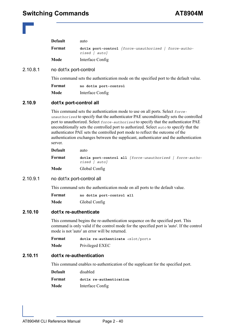 9 dot1x port-control all, 10 dot1x re-authenticate, 11 dot1x re-authentication | Switching commands at8904m | Kontron AT8904 CLI User Manual | Page 76 / 317