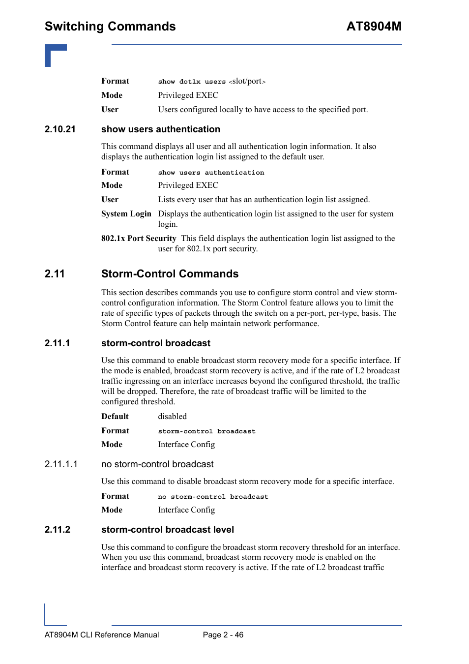 21 show users authentication, 11 storm-control commands, 1 storm-control broadcast | 2 storm-control broadcast level, 21 show users authentication - 46, 11 storm-control commands - 46, Switching commands at8904m | Kontron AT8904 CLI User Manual | Page 82 / 317