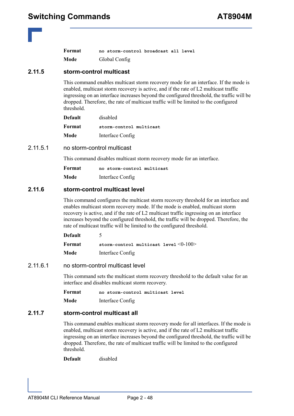 5 storm-control multicast, 6 storm-control multicast level, 7 storm-control multicast all | Switching commands at8904m | Kontron AT8904 CLI User Manual | Page 84 / 317