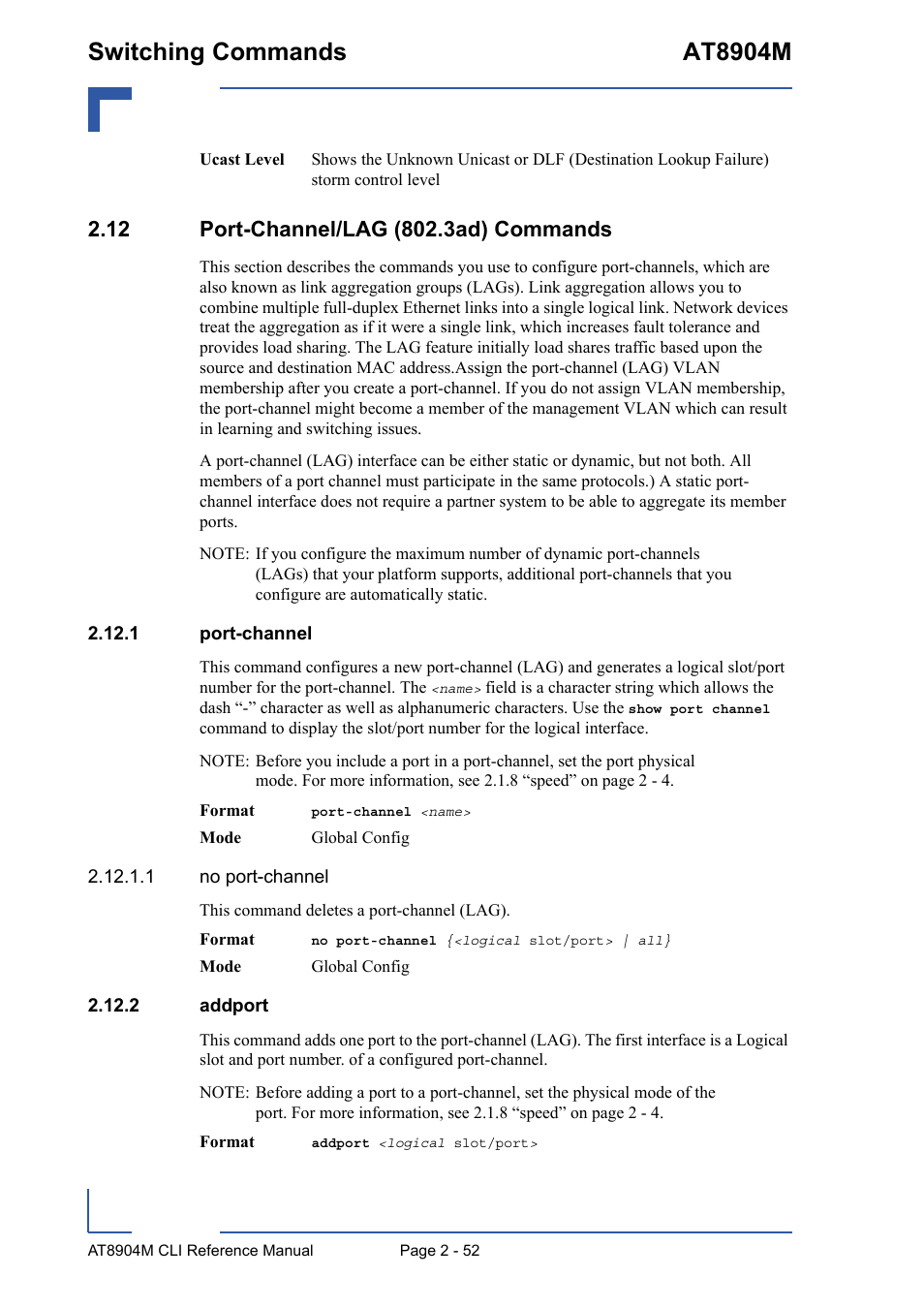 12 port-channel/lag (802.3ad) commands, 1 port-channel, 2 addport | 12 port-channel/lag (802.3ad) commands - 52, 1 port-channel - 52 2.12.2 addport - 52, Switching commands at8904m | Kontron AT8904 CLI User Manual | Page 88 / 317