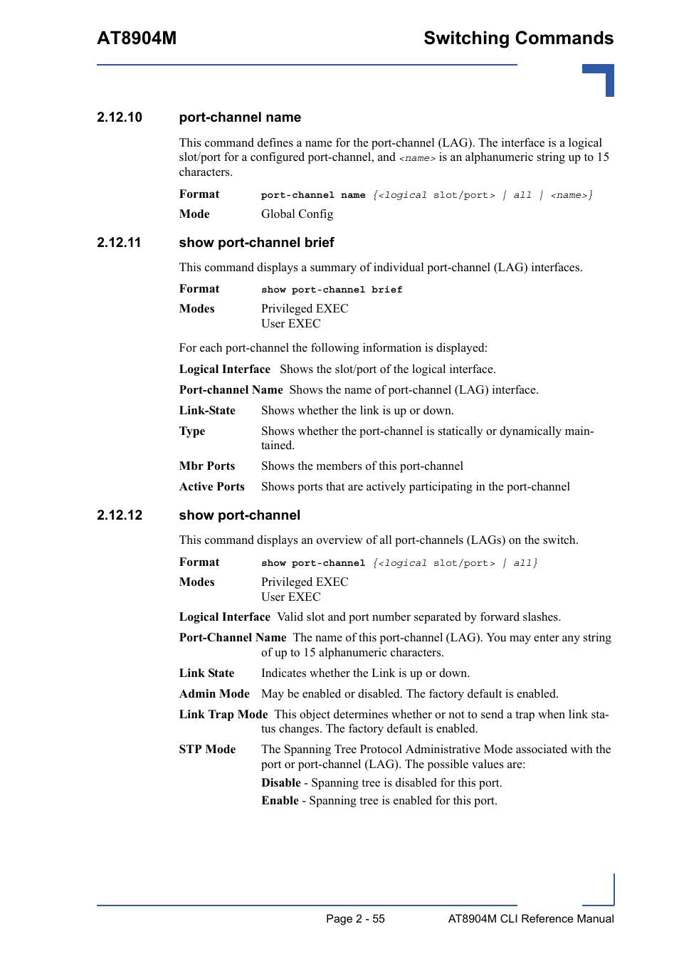 10 port-channel name, 11 show port-channel brief, 12 show port-channel | At8904m switching commands | Kontron AT8904 CLI User Manual | Page 91 / 317