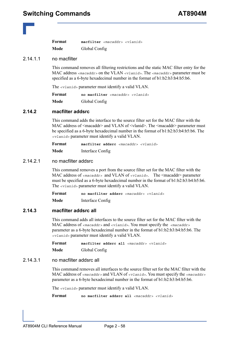 2 macfilter addsrc, 3 macfilter addsrc all, Switching commands at8904m | Kontron AT8904 CLI User Manual | Page 94 / 317