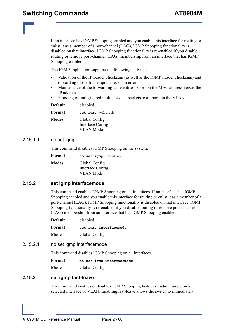 2 set igmp interfacemode, 3 set igmp fast-leave, Switching commands at8904m | Kontron AT8904 CLI User Manual | Page 96 / 317