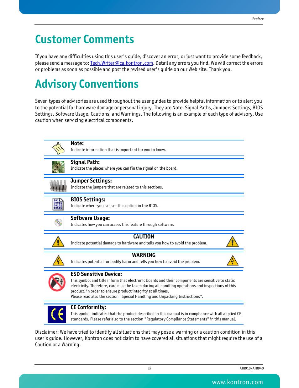 Customer comments, Advisory conventions | Kontron AT8940 User Manual | Page 12 / 84