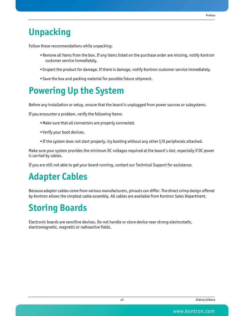 Unpacking, Powering up the system, Adapter cables | Storing boards | Kontron AT8940 User Manual | Page 13 / 84