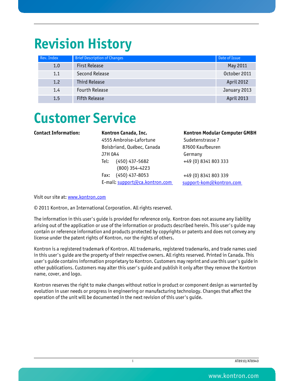 Revision history customer service | Kontron AT8940 User Manual | Page 2 / 84