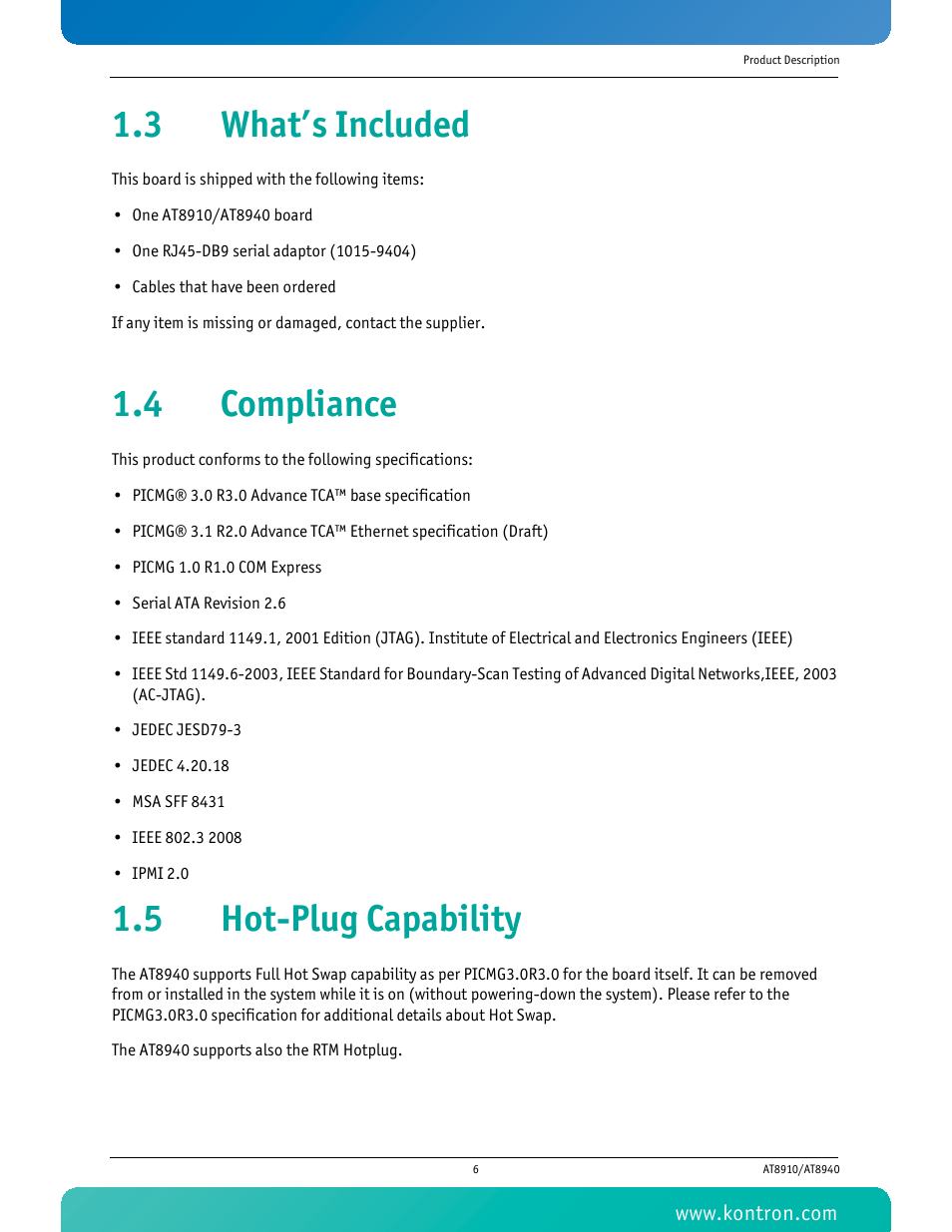 3 what’s included, 4 compliance, 5 hot-plug capability | Kontron AT8940 User Manual | Page 21 / 84