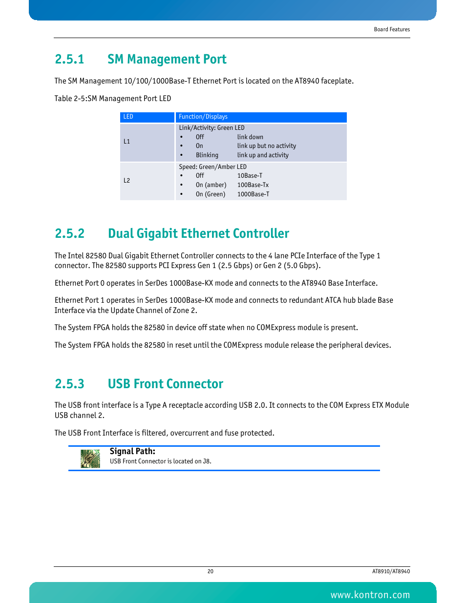 1 sm management port, 2 dual gigabit ethernet controller, 3 usb front connector | Sm management port, Dual gigabit ethernet controller, Usb front connector, Table 2-5 sm management port led | Kontron AT8940 User Manual | Page 35 / 84