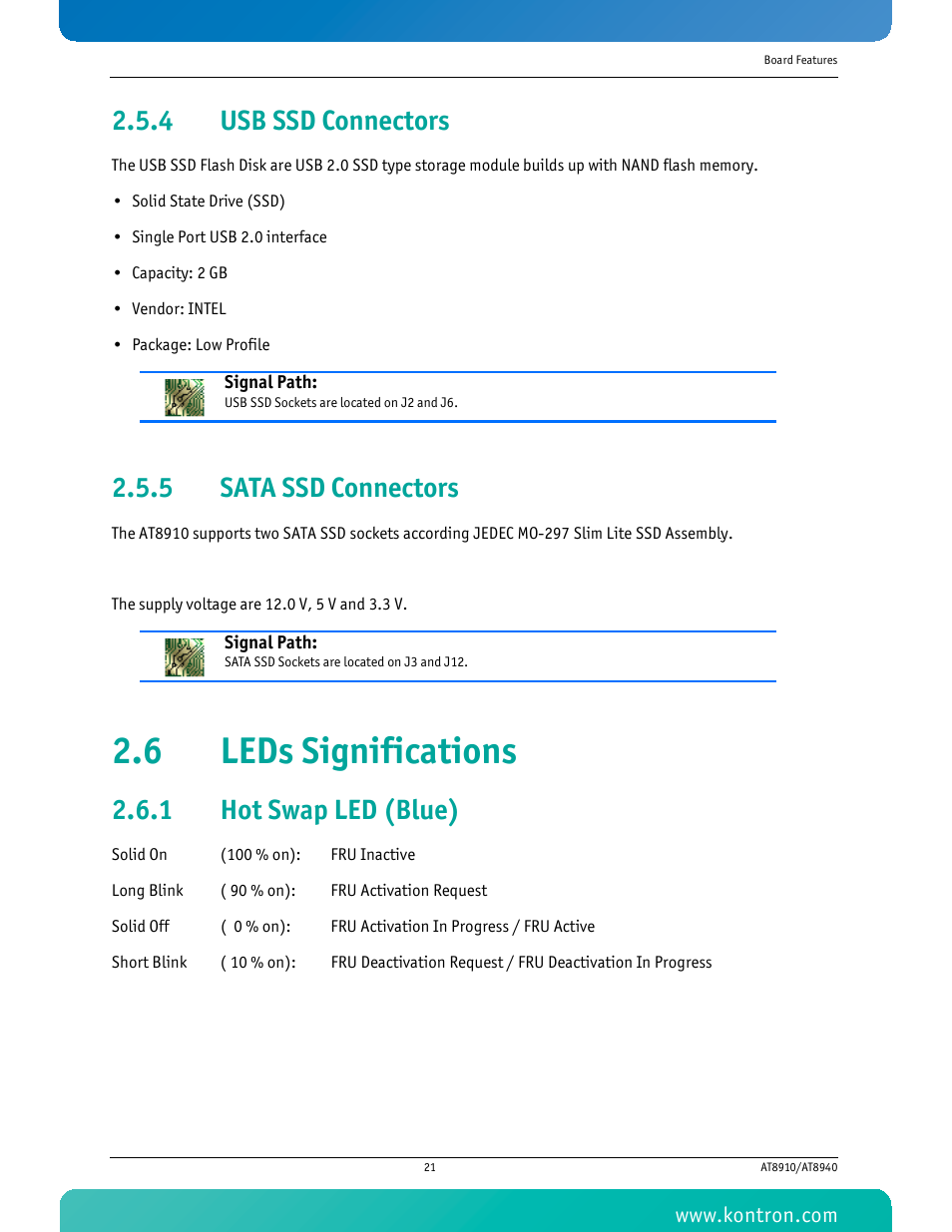 4 usb ssd connectors, 5 sata ssd connectors, 6 leds significations | 1 hot swap led (blue), Usb ssd connectors, Sata ssd connectors, Hot swap led (blue) | Kontron AT8940 User Manual | Page 36 / 84