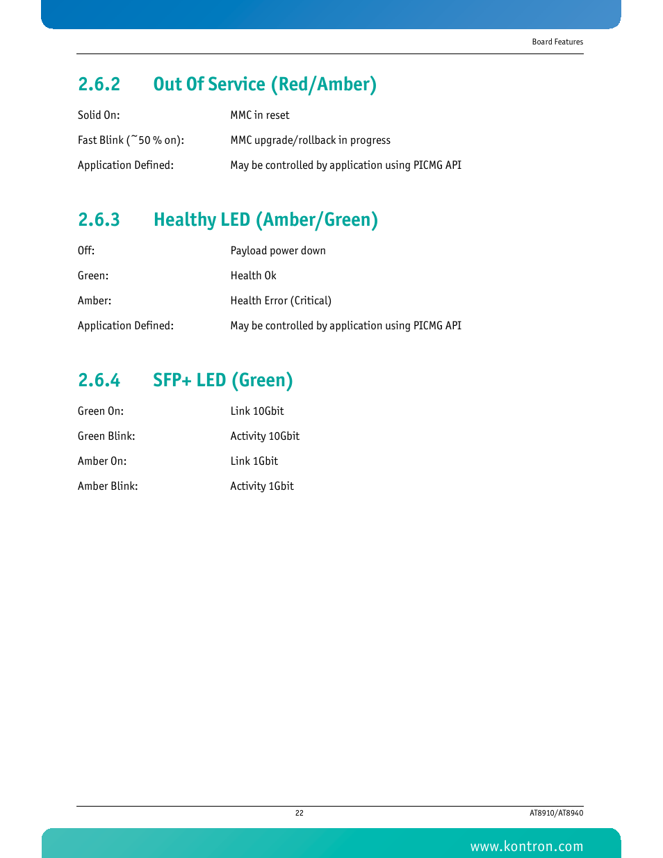 2 out of service (red/amber), 3 healthy led (amber/green), 4 sfp+ led (green) | Out of service (red/amber), Healthy led (amber/green), Sfp+ led (green) | Kontron AT8940 User Manual | Page 37 / 84