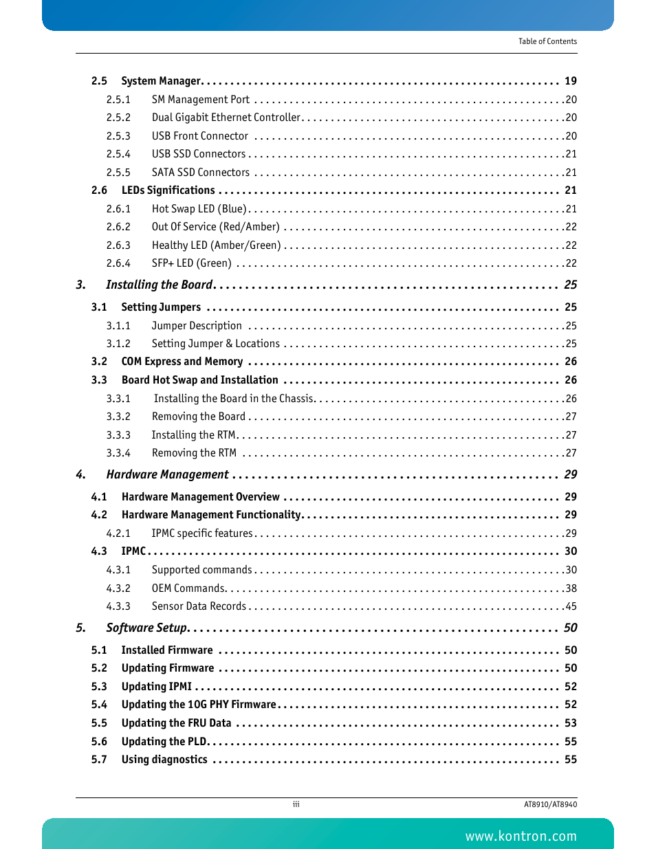 Installing the board 25, Hardware management 29, Software setup 50 | Kontron AT8940 User Manual | Page 4 / 84