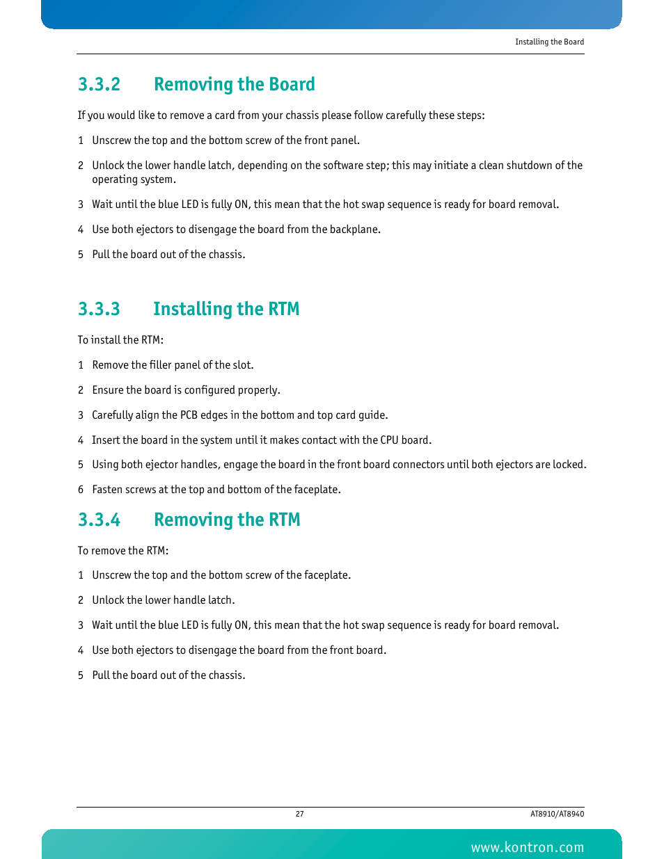 2 removing the board, 3 installing the rtm, 4 removing the rtm | Removing the board, Installing the rtm, Removing the rtm | Kontron AT8940 User Manual | Page 42 / 84