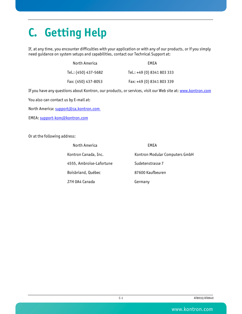 C. getting help | Kontron AT8940 User Manual | Page 79 / 84