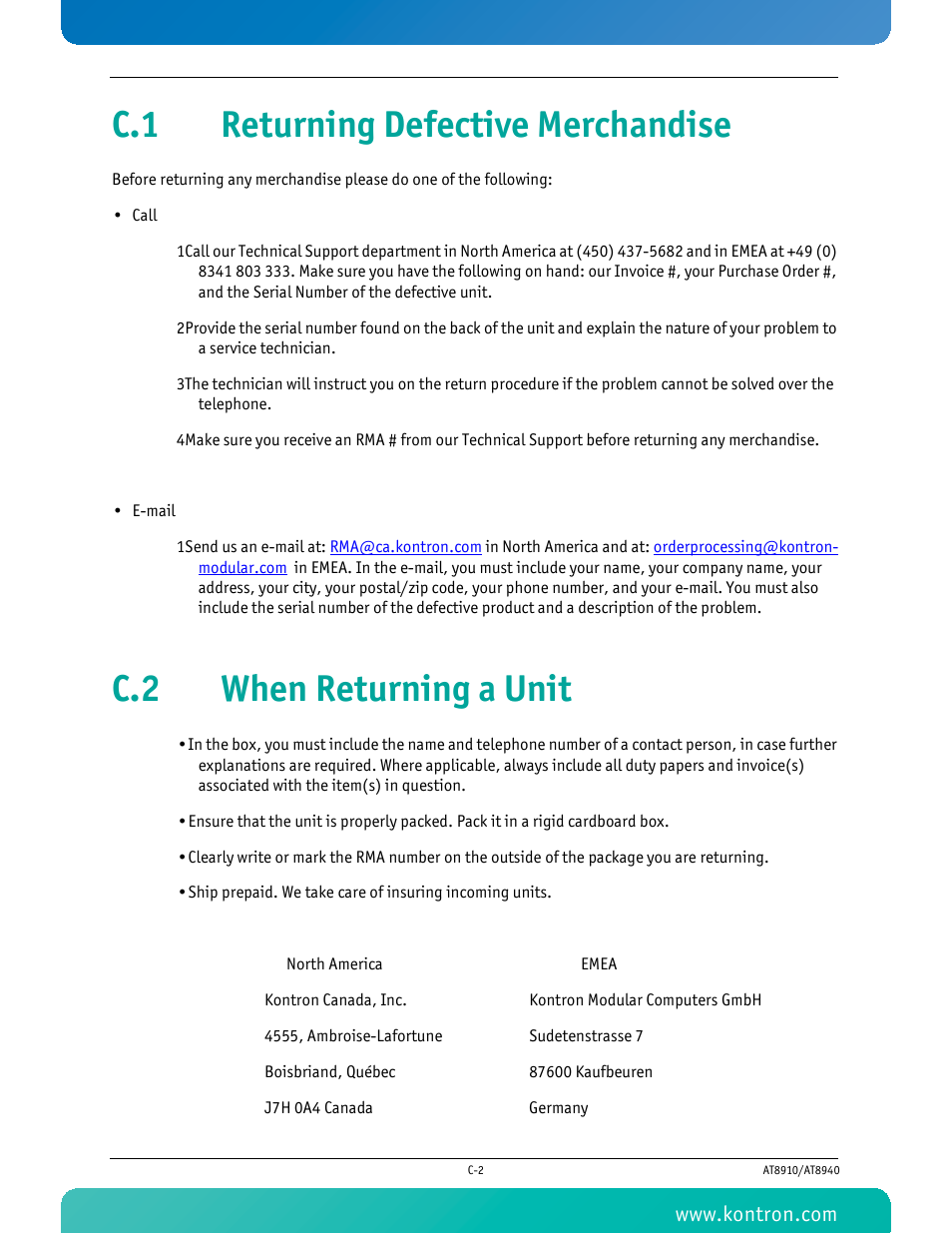 C.1 returning defective merchandise, C.2 when returning a unit | Kontron AT8940 User Manual | Page 80 / 84