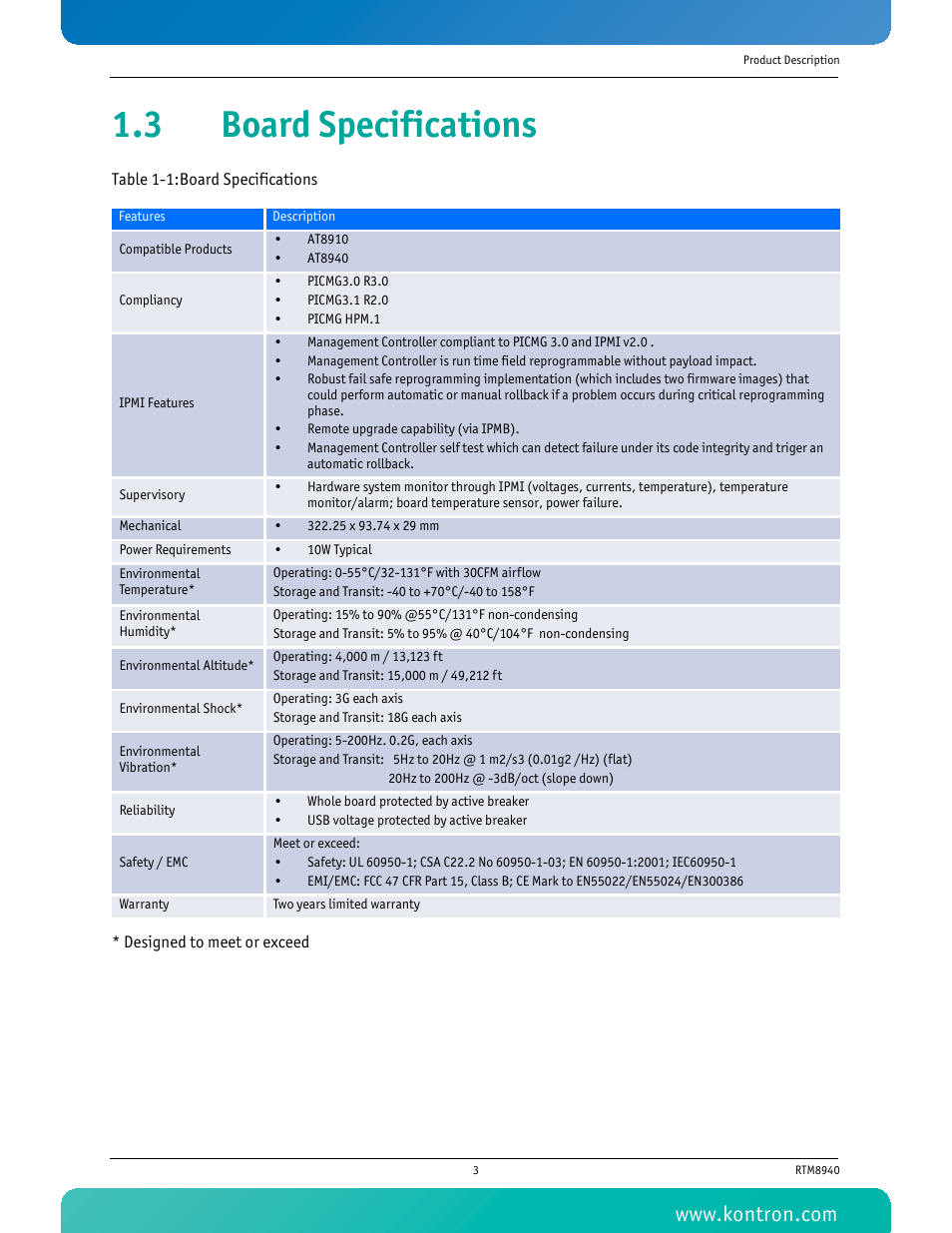 3 board specifications, Table 1-1 board specifications | Kontron RTM8940 User Manual | Page 16 / 36