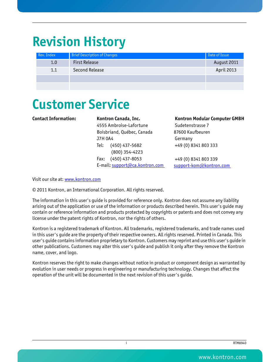 Revision history customer service | Kontron RTM8940 User Manual | Page 2 / 36