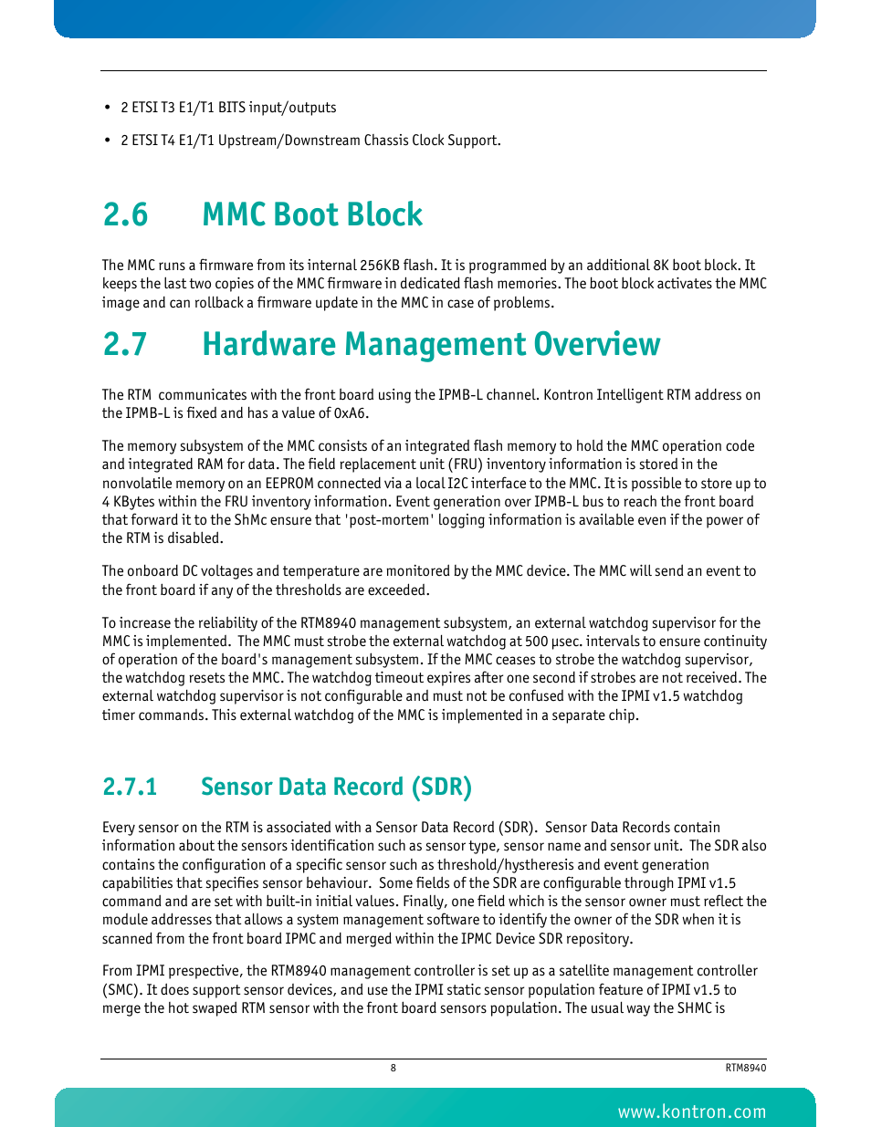 6 mmc boot block, 7 hardware management overview, 1 sensor data record (sdr) | Sensor data record (sdr), 6 mmc boot block 2.7 hardware management overview | Kontron RTM8940 User Manual | Page 21 / 36