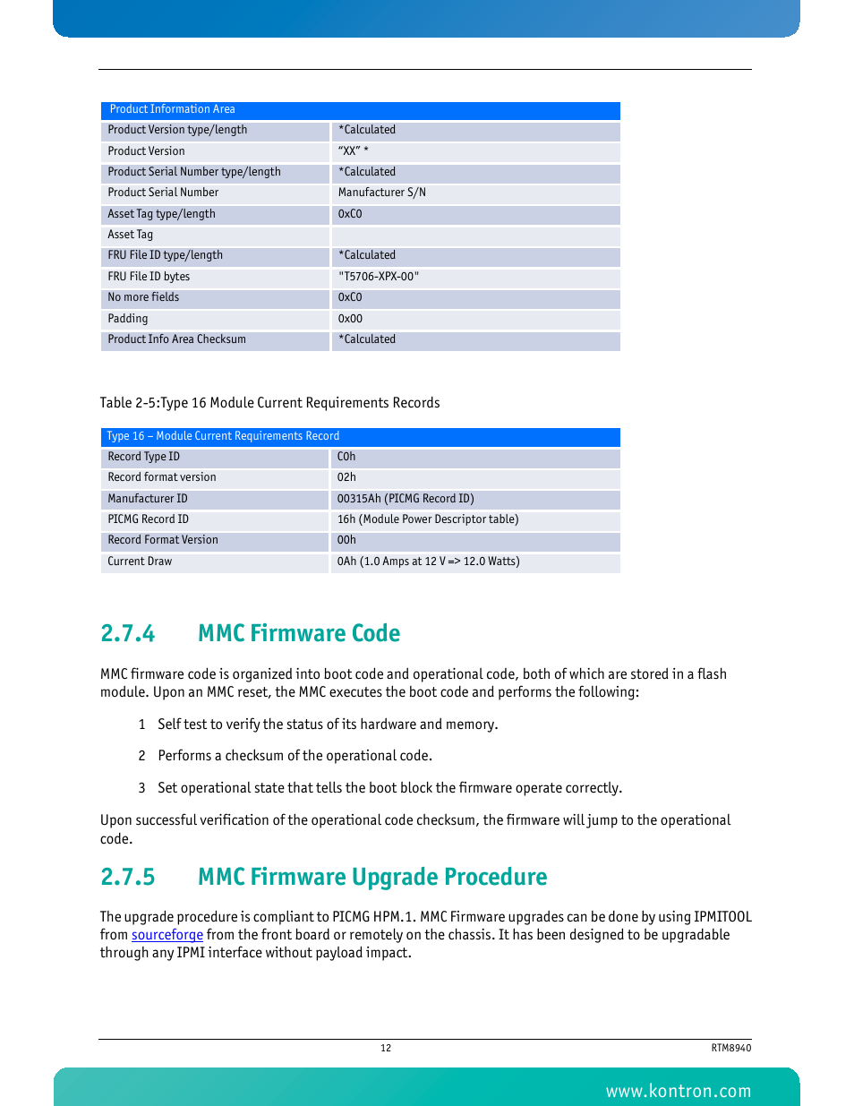 4 mmc firmware code, 5 mmc firmware upgrade procedure, Mmc firmware code | Mmc firmware upgrade procedure | Kontron RTM8940 User Manual | Page 25 / 36