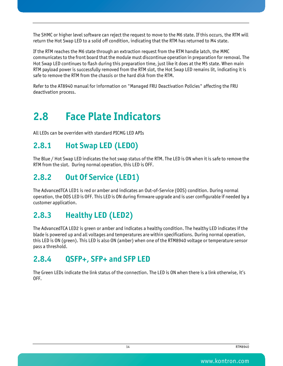 8 face plate indicators, 1 hot swap led (led0), 2 out of service (led1) | 3 healthy led (led2), 4 qsfp+, sfp+ and sfp led, Hot swap led (led0), Out of service (led1), Healthy led (led2), Qsfp+, sfp+ and sfp led | Kontron RTM8940 User Manual | Page 27 / 36