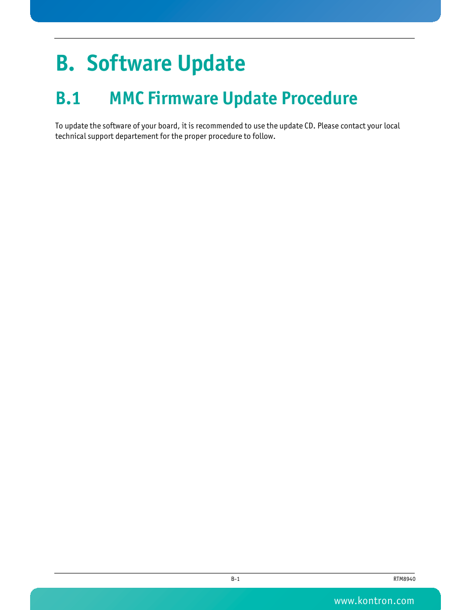 B. software update, B.1 mmc firmware update procedure | Kontron RTM8940 User Manual | Page 32 / 36