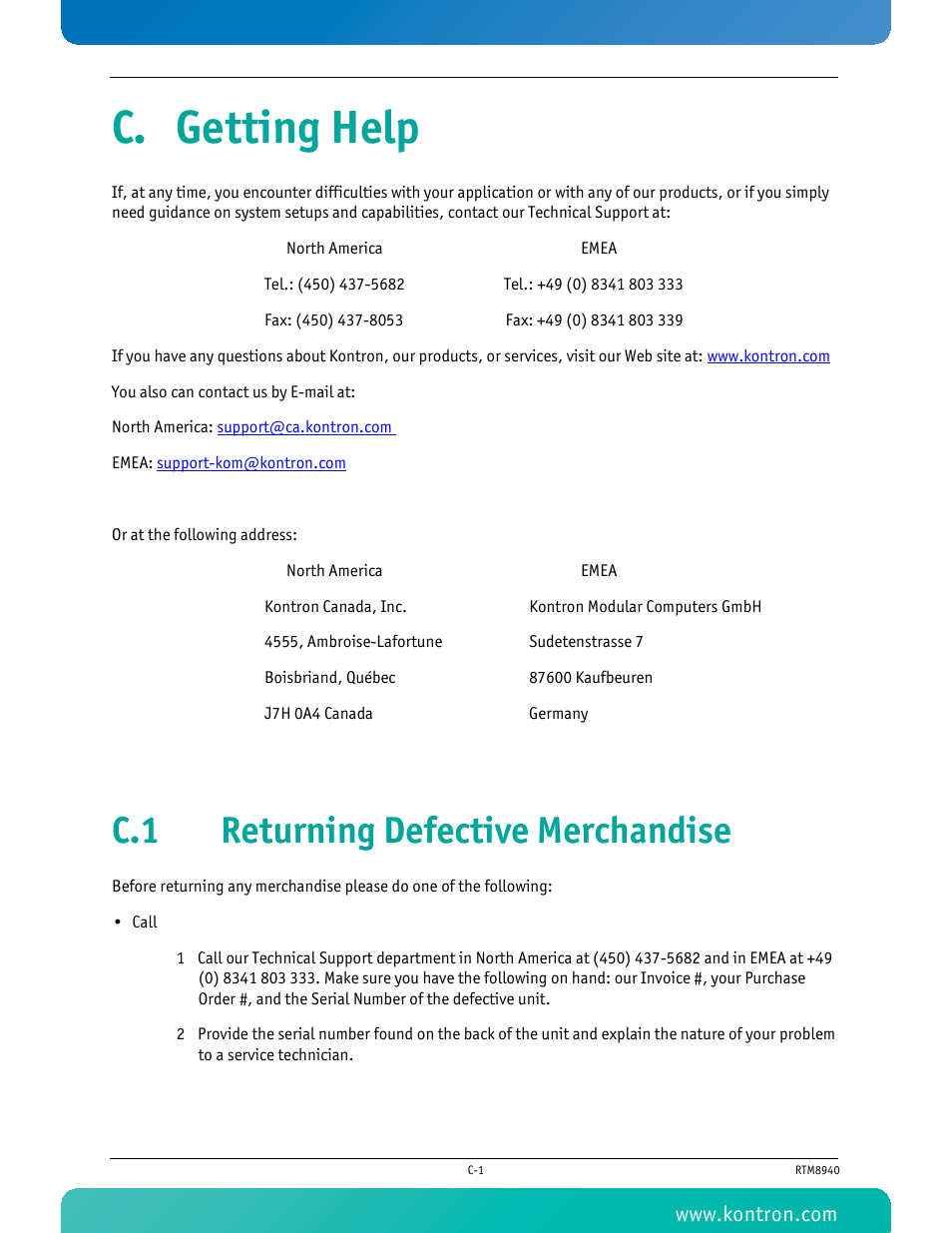 C. getting help, C.1 returning defective merchandise | Kontron RTM8940 User Manual | Page 33 / 36