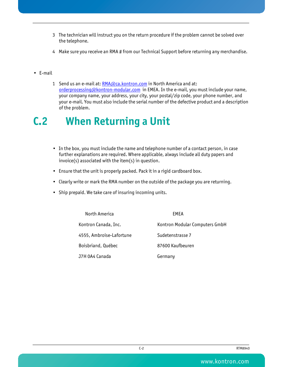 C.2 when returning a unit | Kontron RTM8940 User Manual | Page 34 / 36