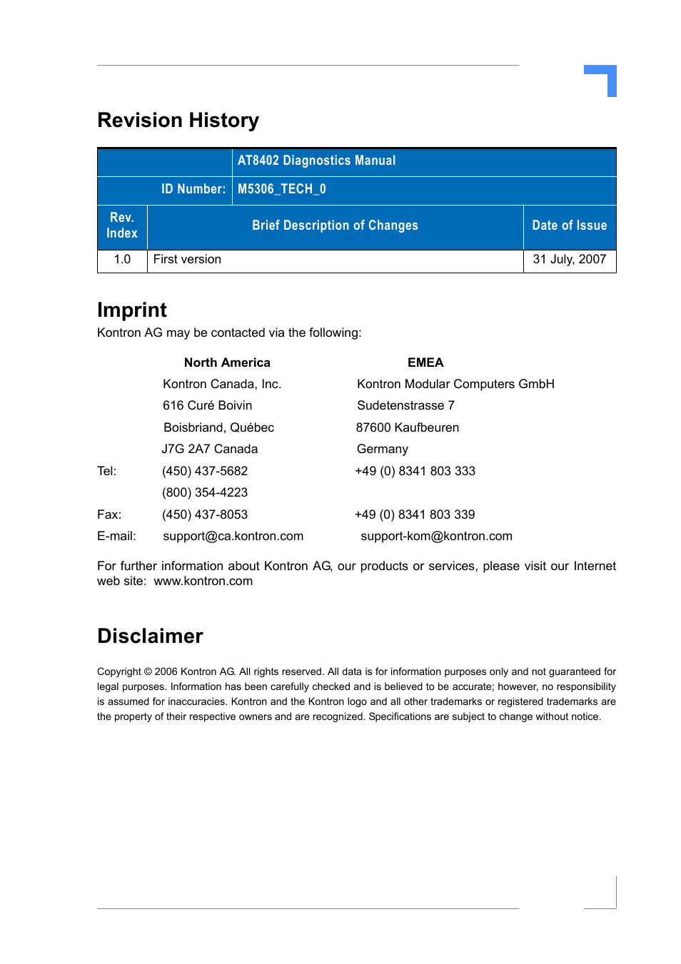 Revision history, Imprint, Disclaimer | Kontron AT8402 Diagnostics Manual User Manual | Page 2 / 39