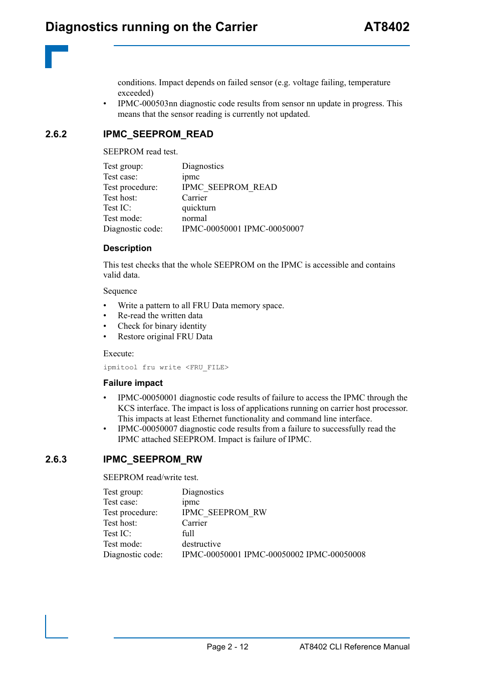 2 ipmc_seeprom_read, 3 ipmc_seeprom_rw, Ipmc_seeprom_read - 12 | Ipmc_seeprom_rw - 12, Diagnostics running on the carrier at8402 | Kontron AT8402 Diagnostics Manual User Manual | Page 20 / 39