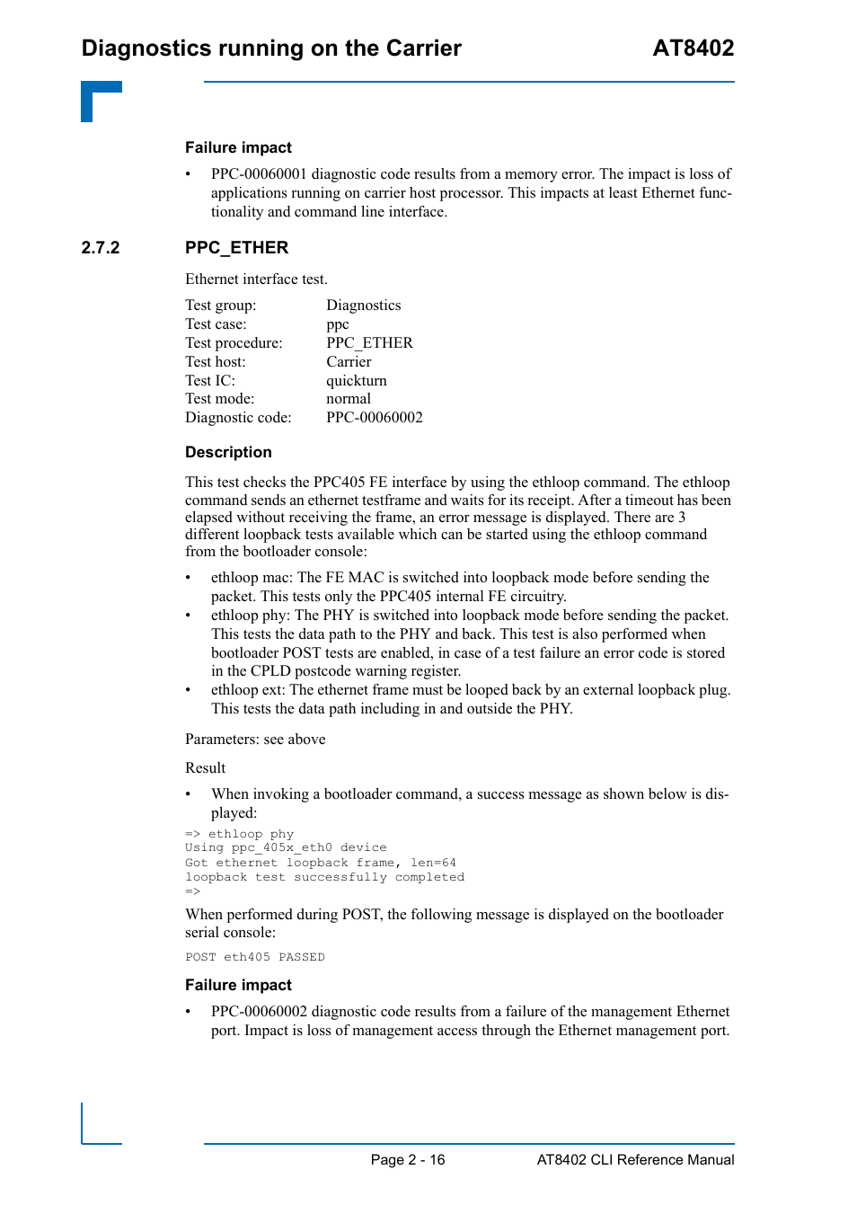 2 ppc_ether, Ppc_ether - 16, Diagnostics running on the carrier at8402 | Kontron AT8402 Diagnostics Manual User Manual | Page 24 / 39